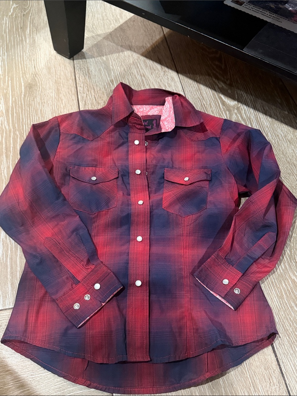 Girls Red & Navy Plaid Button-Down Shirt with Chest Pockets (SR)